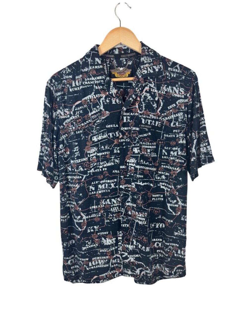 Harley Davidson Mens Black Button-Up Shirt Map Print Short Sleeves Size Small